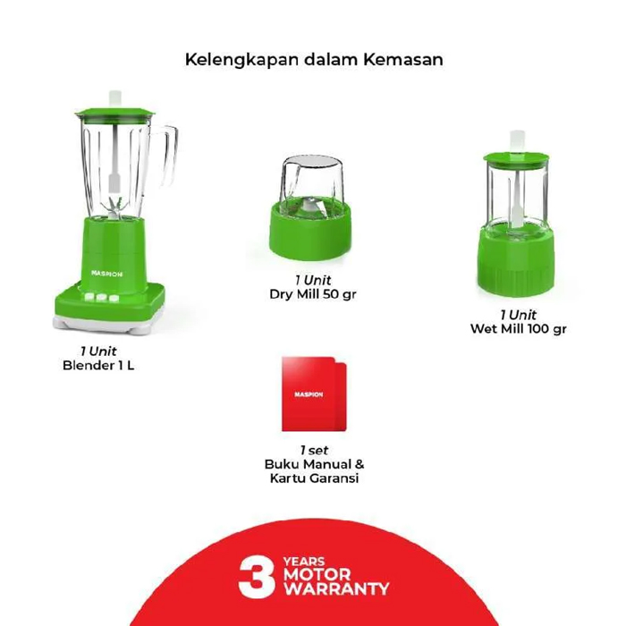 Maspion Blender Plastik Anti Pecah 3in1 1 Liter - MT1273PL | MT-1273 PL - Hijau